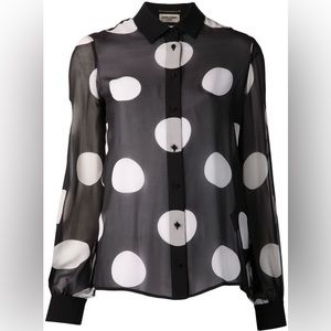 SOLD Saint Laurent black white polka dot silk sheer button down blouse 38 / 6